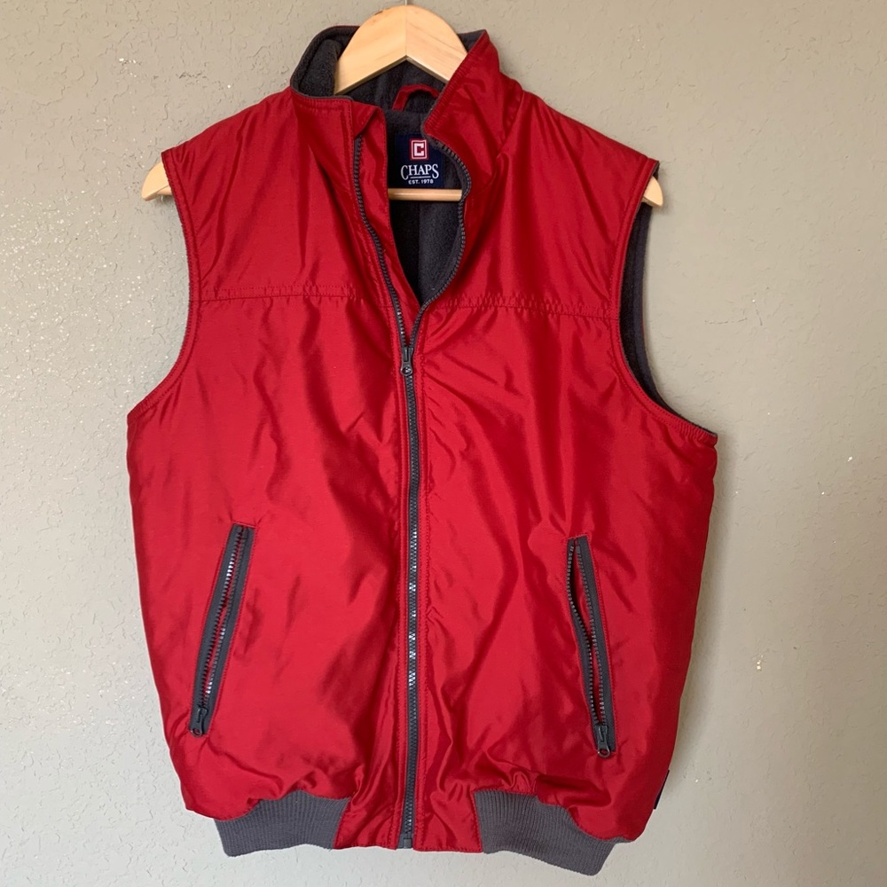 Chaps Mens Medium Red Insulated Vest Full Zip With Zipper Pockets Fleece Lined